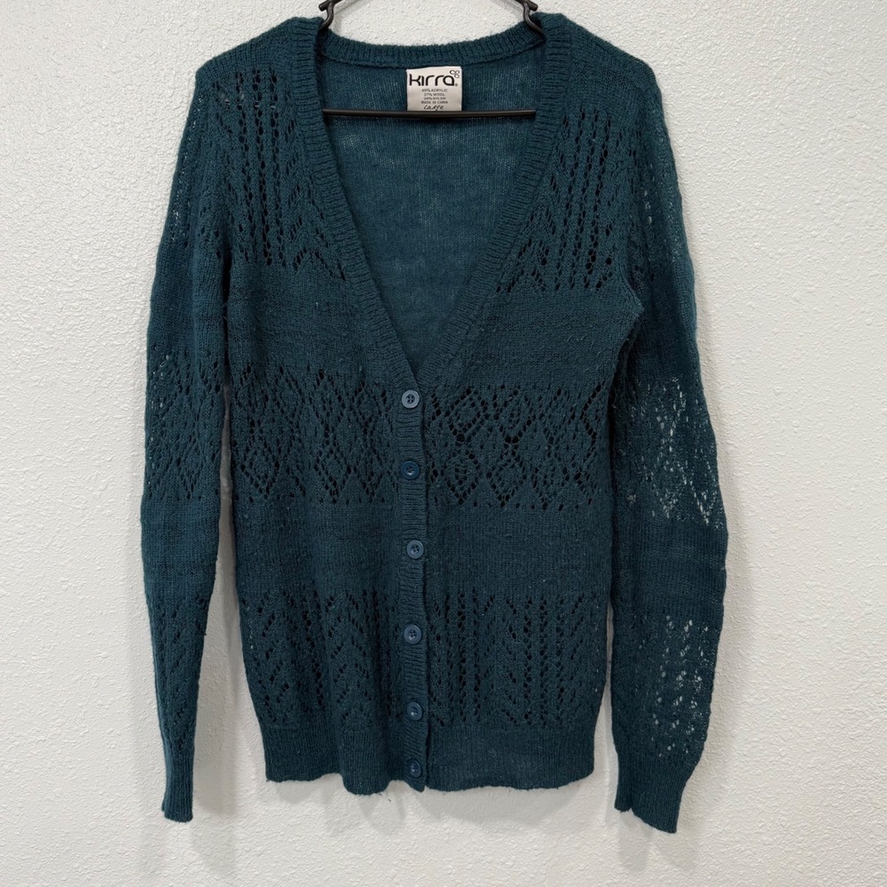 Kirra Teal Blue Lace Knit Cardigan Sweater Button Front Long Sleeve Womens Large
